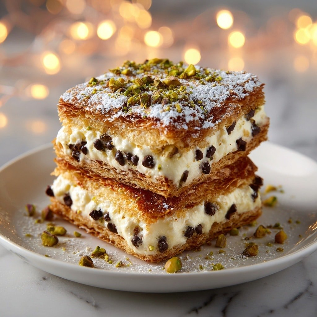 This image shows two square layers of a dessert stacked on a white plate, placed on a white marbled surface. Each layer has a golden brown flaky pastry on the top and bottom, with a thick, white cream filling in the middle that is studded with small dark chocolate chips. The top pastry layer is sprinkled with green pistachio nuts and a dusting of powdered sugar. Some chocolate chips and pistachios are scattered around the plate. The overall look is rich and textured, with the contrast of white cream and dark chips standing out. photo taken with an iphone --ar 1:1 --v 7 — Easy Ricotta Cannoli Squares, ricotta dessert recipes, Italian dessert ideas, quick dessert squares, caramelized ricotta sweets