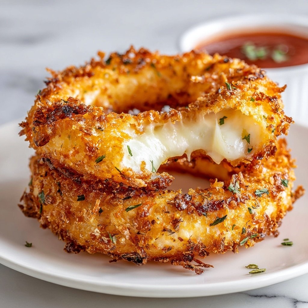 Cheesy Mozzarella Onion Ring Bites Recipe - Article Image 2 — Cheesy Mozzarella Onion Ring Bites, onion ring appetizer, cheesy snack recipe, crispy onion rings, cheesy appetizer ideas