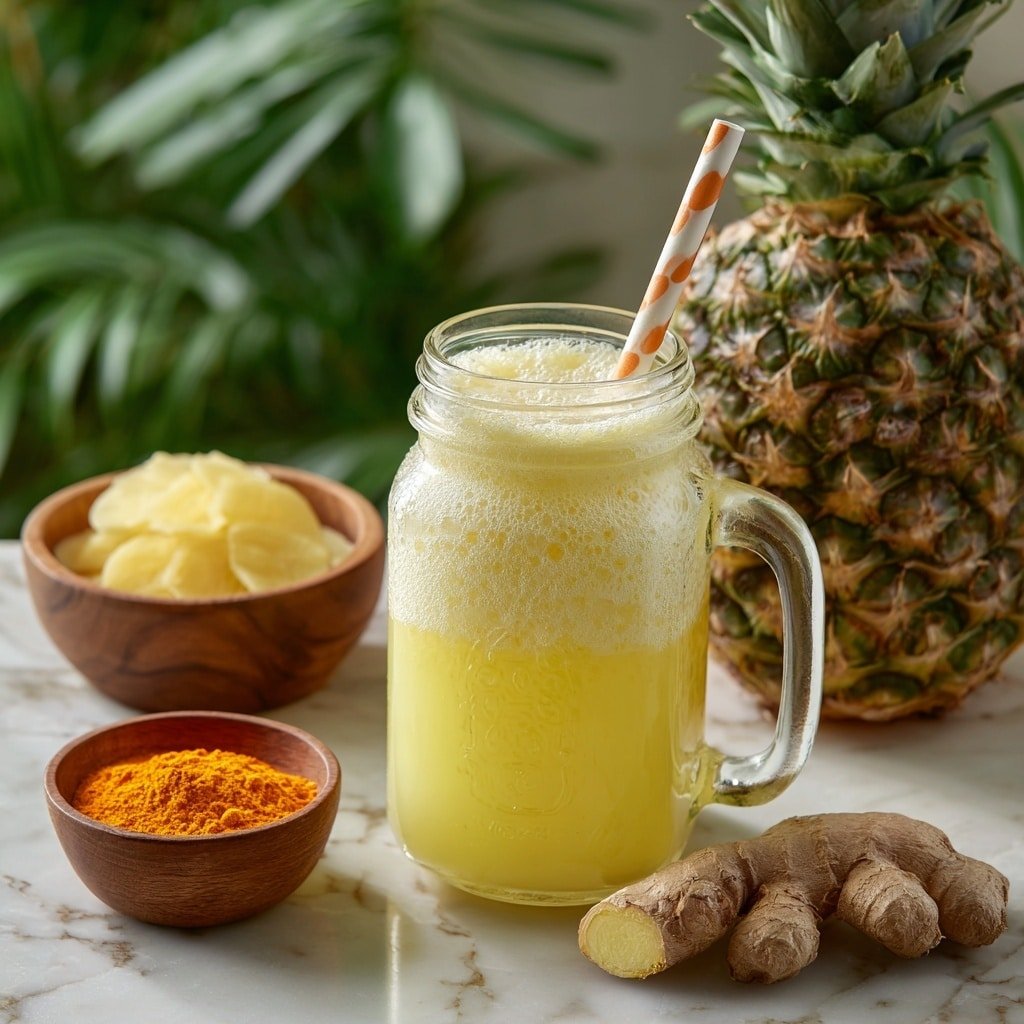 Protein Pineapple Turmeric Smoothie Recipe - Article Image 2 — Protein Pineapple Turmeric Smoothie, healthy tropical smoothie, quick nutritious smoothie, turmeric detox drink, protein booster smoothie