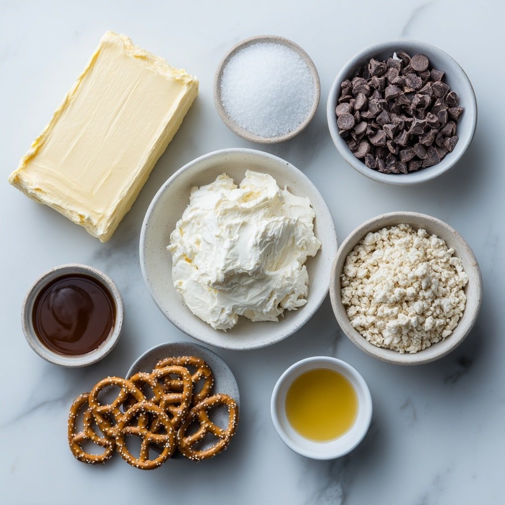 Salted Caramel Pretzel Cheesecake Balls Recipe - Ingredients Image — Salted Caramel Pretzel Cheesecake Balls, easy cheesecake bites with caramel and pretzels, salted caramel dessert recipes, party snacks with caramel and pretzels, no-bake cheesecake balls