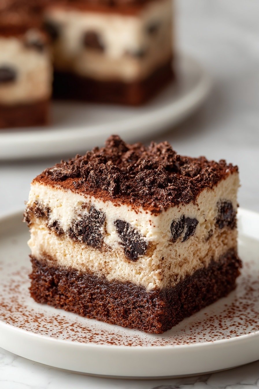 The image shows a close-up of a square dessert with three visible layers placed on a white plate on a white marbled surface. The bottom layer is a thick, dark brown crumbly base with a rough texture. The middle layer is creamy and light beige, smooth and soft in appearance. The top layer is a rich dark chocolate with a slightly shiny texture, sprinkled with a light dusting of cocoa powder that also extends onto the plate around the dessert. The background is softly blurred with other similar desserts out of focus. Photo taken with an iphone --ar 2:3 --v 7 — Tiramisu Brownies with Espresso and Mascarpone, chocolate espresso brownie recipe, mascarpone tiramisu dessert, easy tiramisu brownies, coffee-flavored brownie treat