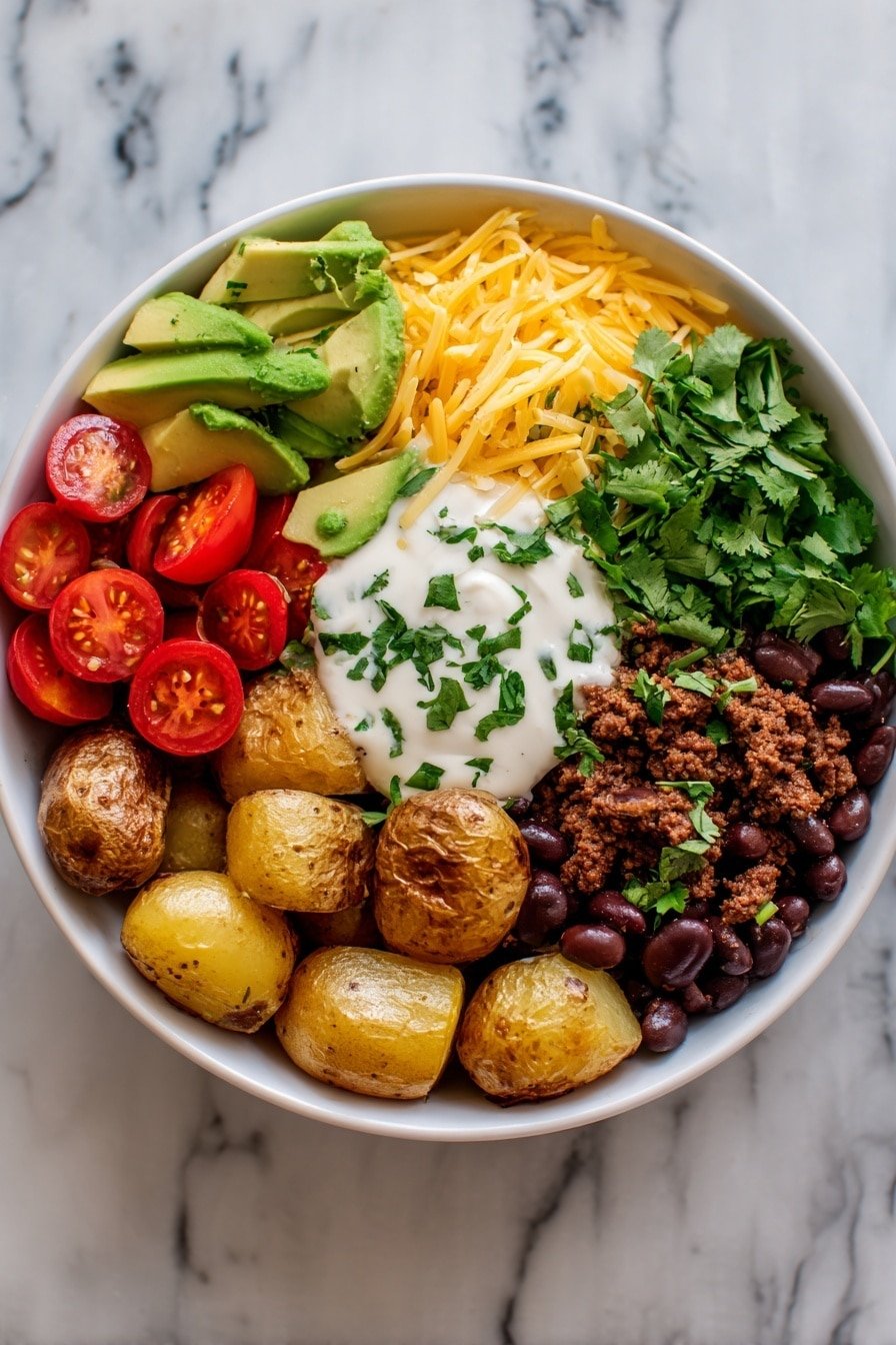 A white bowl filled with six distinct sections arranged side by side. Starting from the top left, there are chunks of green avocado showing a smooth texture, next to bright yellow shredded cheese with thin, soft strands. Below the cheese, there are small roasted golden potatoes with a slightly crispy skin. To the left of the potatoes, halved red cherry tomatoes show their juicy interiors. Next to the tomatoes, dark brown ground meat mixed with black beans creates a coarse texture. On top of the meat and beans, a few fresh green cilantro leaves add a pop of color. In the very center but slightly to the top, a dollop of creamy white sauce sprinkled with chopped green cilantro tops the dish. The bowl is placed on a white marbled surface. photo taken with an iphone --ar 2:3 --v 7 — Loaded Potato Taco Bowl, Loaded Potato Taco Bowl recipe, potato taco bowl ideas, Mexican-inspired potato bowls, easy loaded potato bowls