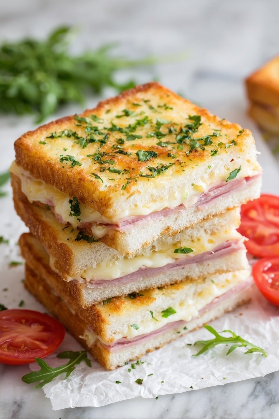 The image shows four square pieces of sandwich with three visible layers: the bottom layer has thick, soft white bread with a light golden crust; the middle layer consists of folded thin pink slices of ham; the top layer is melted golden-brown cheese sprinkled with finely chopped green herbs and decorated with fresh green arugula leaves. The sandwiches are placed on white parchment paper with sliced red tomatoes beside them, all on a white marbled surface. photo taken with an iphone --ar 2:3 --v 7 — Italian Beef Square Bites, Italian Beef Snack Recipe, Easy Italian Bites, Savory Italian Appetizers, Homemade Italian Beef Squares