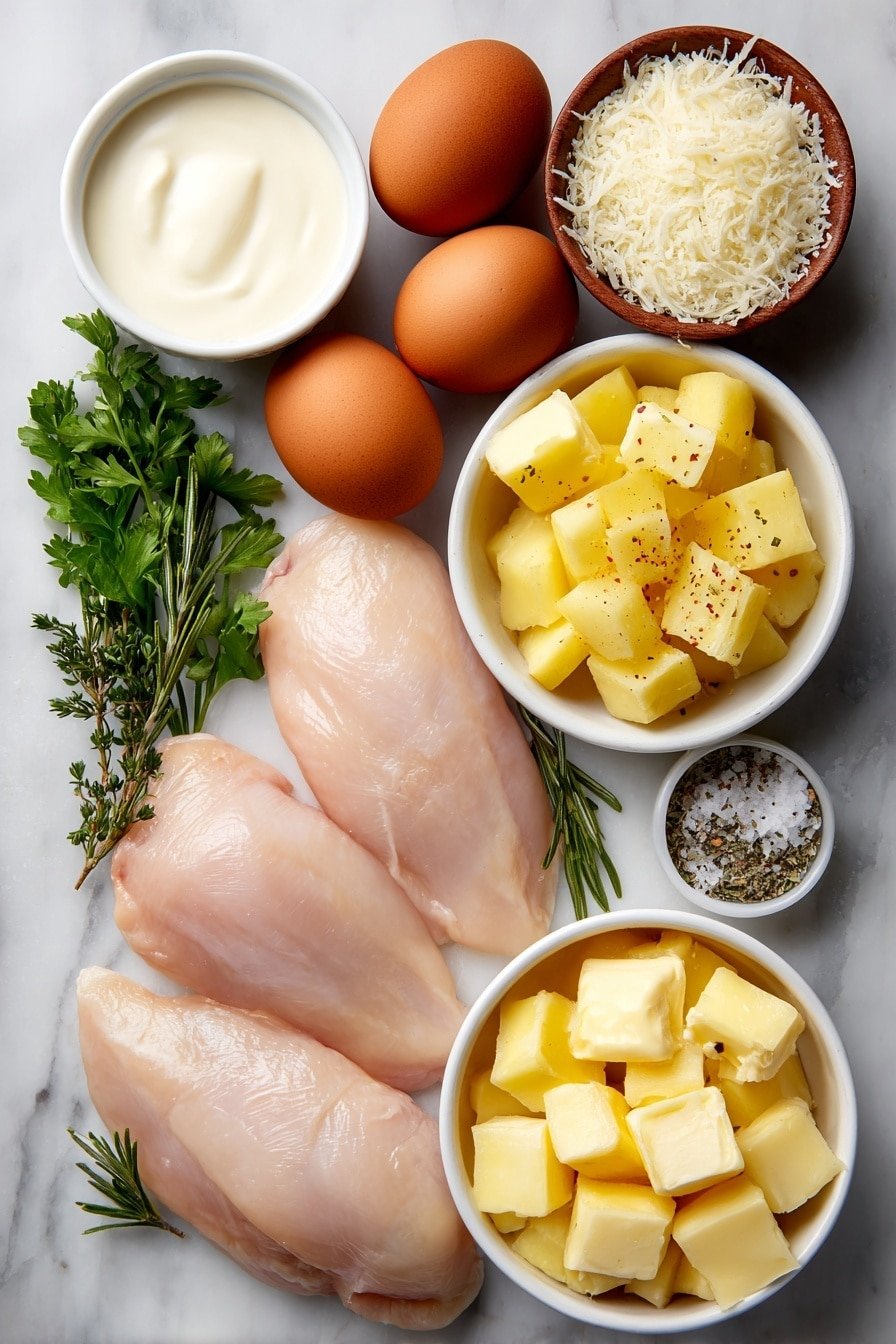 Garlic Herb Chicken with Mashed Potatoes Recipe - Ingredients Image — Garlic Herb Chicken with Mashed Potatoes, easy chicken dinner recipes, comforting weekday meals, flavorful baked chicken recipes, cozy homemade dinner