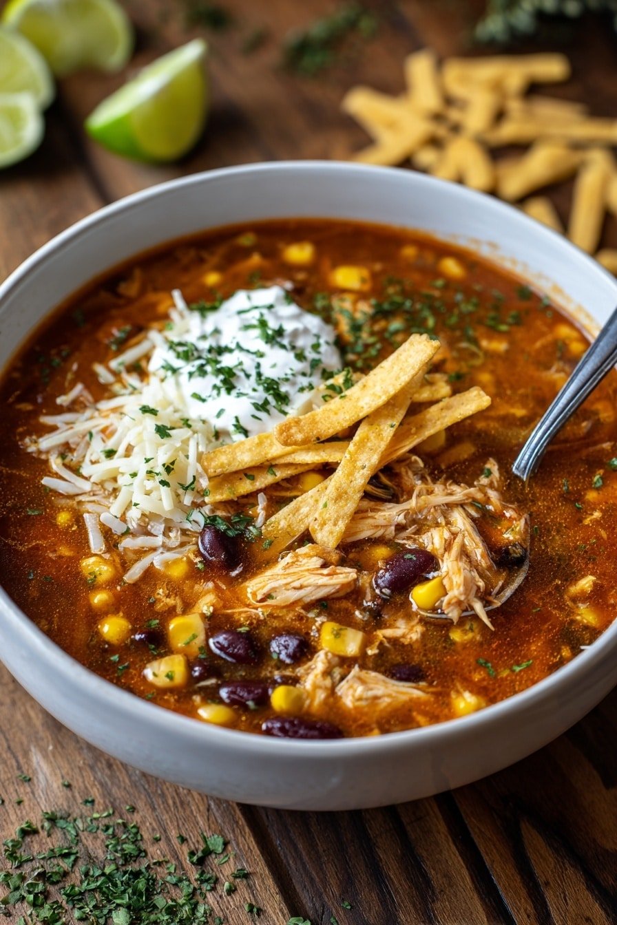 Spicy Chicken Tortilla Soup with Crispy Chips Recipe - Article Image 1 — Spicy Chicken Tortilla Soup, chicken tortilla soup with crispy chips, homemade tortilla soup recipe, spicy Mexican chicken soup, hearty tortilla soup with crispy chips