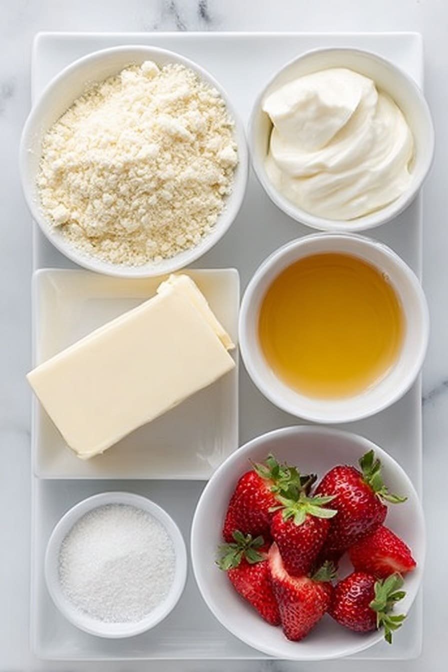 Keto Strawberry Cheesecake Bars Recipe - Ingredients Image — Keto Strawberry Cheesecake Bars, low-carb strawberry cheesecake, sugar-free cheesecake bars, keto dessert recipes, healthy strawberry dessert