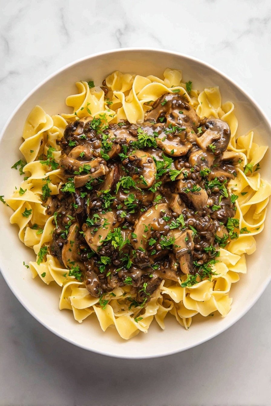Lentil Mushroom Stroganoff Recipe - Article Image 1 — Lentil Mushroom Stroganoff, plant-based stroganoff recipe, vegan mushroom and lentil dish, hearty mushroom and lentil dinner, creamy vegan stroganoff