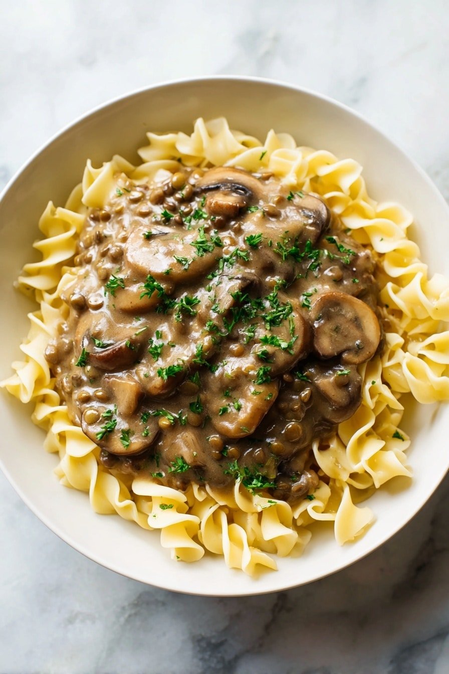 Lentil Mushroom Stroganoff Recipe - Article Image 2 — Lentil Mushroom Stroganoff, plant-based stroganoff recipe, vegan mushroom and lentil dish, hearty mushroom and lentil dinner, creamy vegan stroganoff
