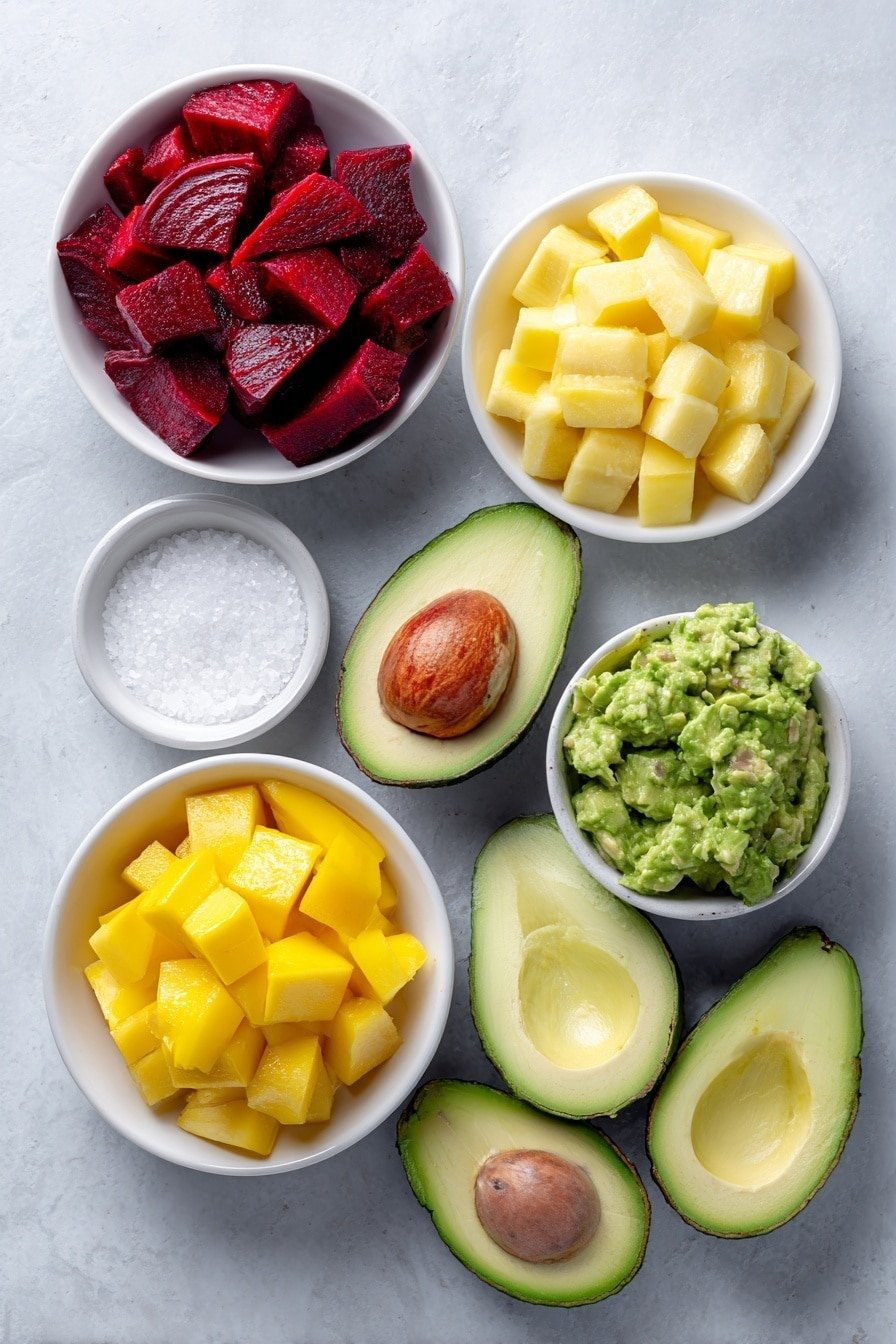 Beet Mango Avocado Tartare Stack Recipe - Ingredients Image — Beet Mango Avocado Tartare Stack Recipe, healthy vegetarian tartare, vibrant fruit and vegetable appetizer, easy elegant starter, colorful vegan tartare