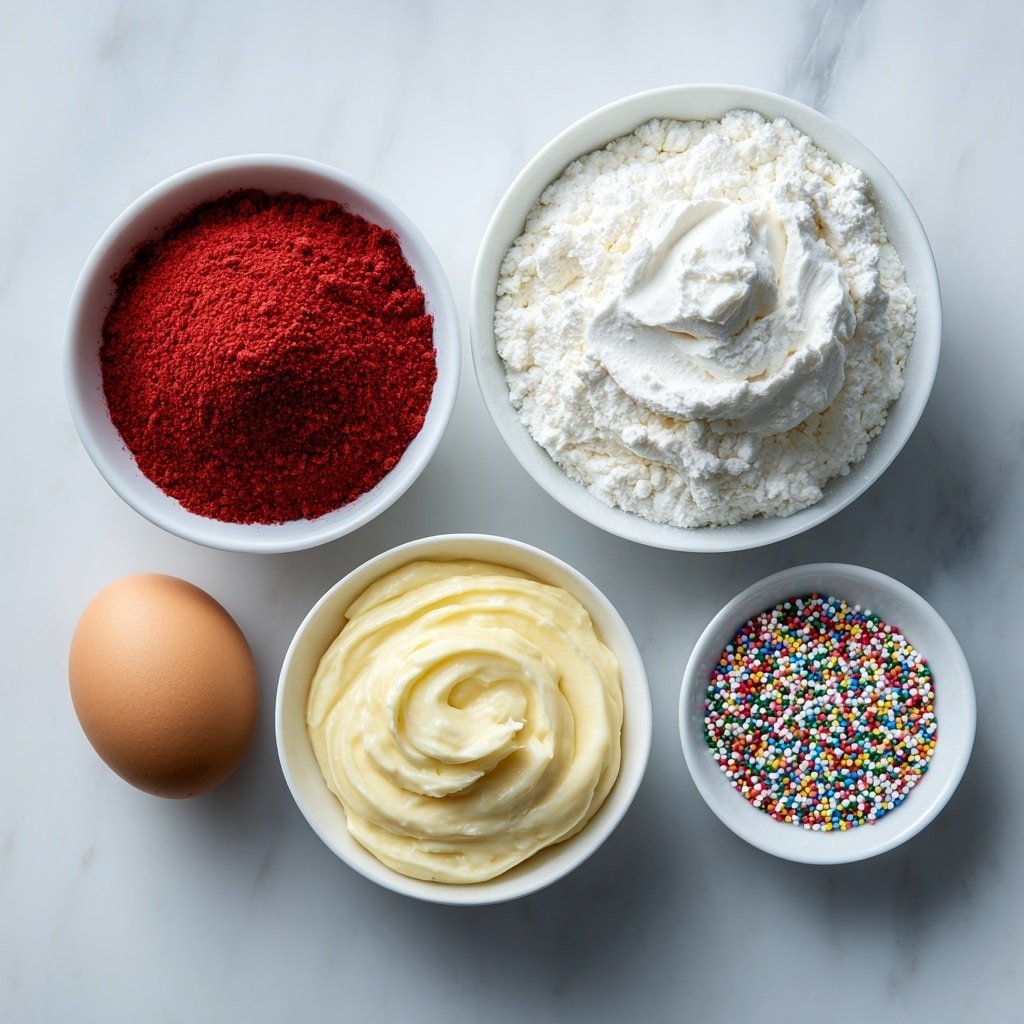 Flat lay of a simple white ceramic bowl of rich red velvet cake mix powder, a small white bowl of smooth applesauce, a whole brown egg with a clean shell, a small white bowl of creamy white cream cheese frosting, and a small white dish of colorful round sprinkles, all arranged symmetrically with balanced proportions, placed on a clean white marble surface, soft natural light, photo taken with an iPhone, professional food photography style, fresh ingredients, white ceramic bowls, no bottles, no duplicates, no utensils, no packaging --ar 1:1 --v 7 --p m7354639359234015250 — Red Velvet Donuts with Cream Cheese Frosting, homemade red velvet donuts, baked red velvet donuts, easy donut recipes, creamy frosting donuts
