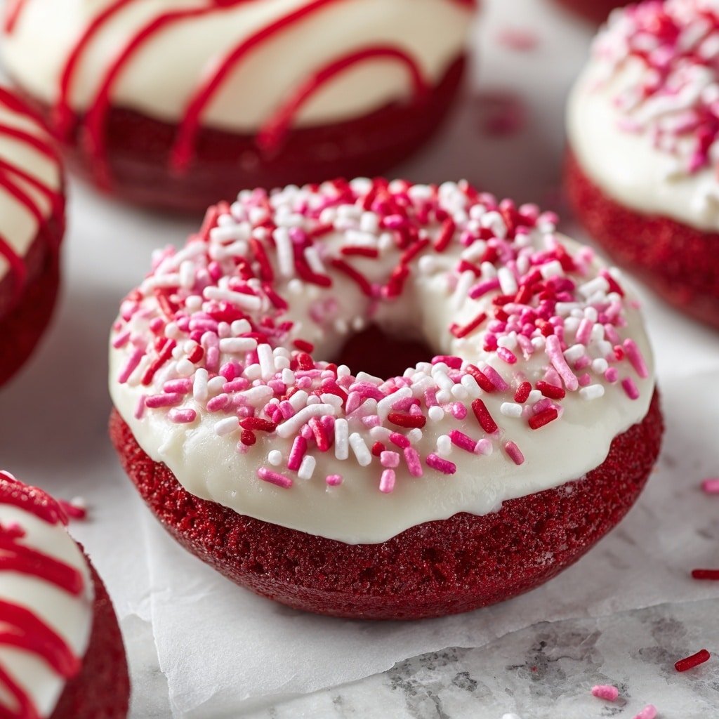 The image shows several red velvet donuts arranged on white parchment paper over a white marbled surface. Each donut has a thick layer of white icing on top that drips slightly over the edges, covered with red, pink, and white sprinkles scattered both on the donuts and the parchment paper. The rich red color of the donuts contrasts with the bright white icing and the colorful sprinkles, making them look fresh and festive. Photo taken with an iphone --ar 1:1 --v 7 — Red Velvet Donuts with Cream Cheese Frosting, homemade red velvet donuts, baked red velvet donuts, easy donut recipes, creamy frosting donuts