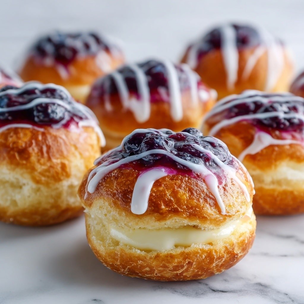 The image shows several round pastries with a golden-brown, flaky crust arranged on a white marbled surface. Each pastry has a small round center filled with dark red jam, surrounded by a light cream layer. White icing is drizzled over the top in thin lines, adding contrast to the warm tones of the crust. The pastries have a slightly puffed and textured look, suggesting layers of baked dough. photo taken with an iphone --ar 1:1 --v 7 — Homemade Breakfast Danish Pastries, Danish Pastries recipe, homemade Danish pastries, easy Danish pastry filling, buttery breakfast pastries