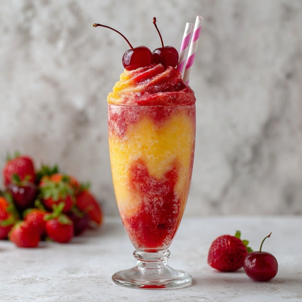 The image shows a tall clear glass filled with swirled layers of red and yellow slushy drink, where the red and yellow mix in a twisted shape creating a soft texture. On top, there is a swirl of red and yellow slush shaped like a rose, and three shiny cherries sit on the very top as decoration. Two paper straws with pink and white stripes stand upright on one side of the glass. The background and surface feature a white marbled texture with a bunch of fresh strawberries slightly out of focus in the background. photo taken with an iphone --ar 1:1 --v 7 — Pineapple Strawberry Swirl Slushies, Pineapple strawberry smoothie, tropical fruit slushies, refreshing summer drinks, easy slushie recipes