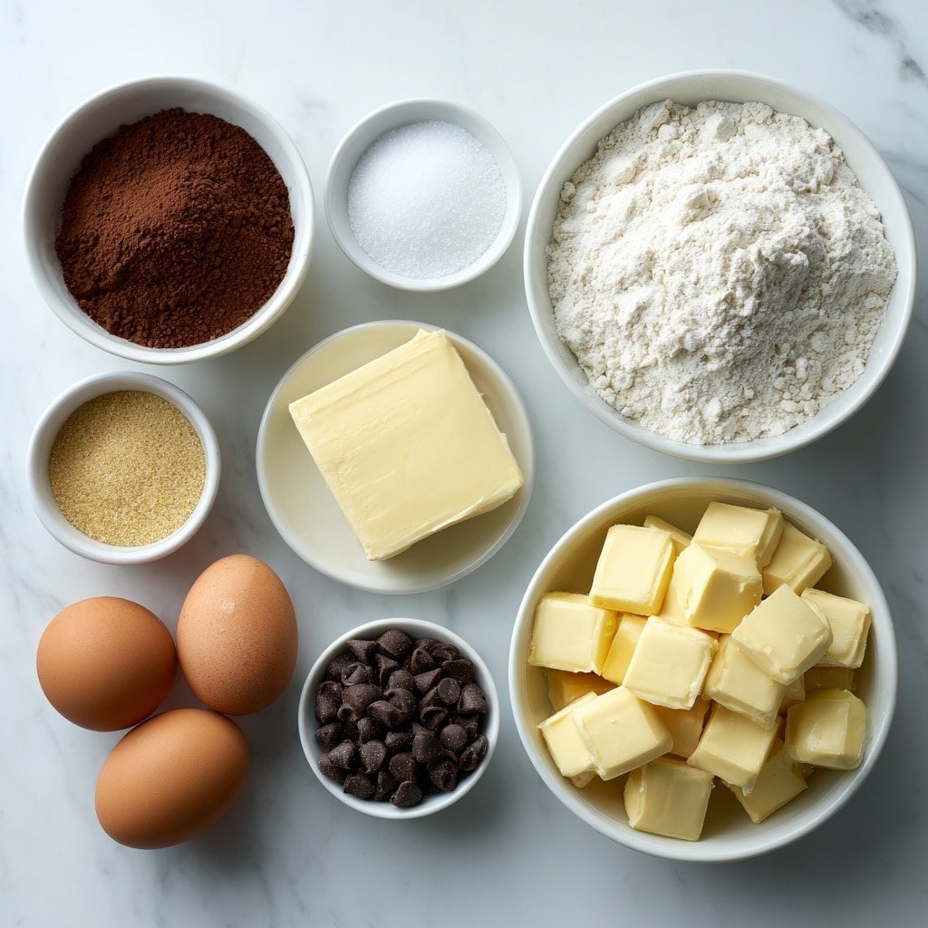 Flat lay of a small mound of all-purpose flour, a white ceramic bowl with rich unsweetened cocoa powder, a few sprigs of pale baking soda powder, a small heap of fine salt crystals, a square of creamy unsalted butter, two brown eggs with uncracked clean shells, a small white bowl filled with granulated sugar, another white bowl with packed brown sugar, a tiny white bowl holding dark finely ground espresso beans, a drizzle of clear vanilla extract in a small white bowl, and a white ceramic bowl heaped with semi-sweet chocolate chips, all arranged symmetrically with perfect proportions, placed on a clean white marble surface, soft natural light, photo taken with an iPhone, professional food photography style, fresh ingredients, white ceramic bowls, no bottles, no duplicates, no utensils, no packaging --ar 1:1 --v 7 --p m7354639359234015250 — Espresso Fudge Cookies, easy chocolate espresso cookies, rich cocoa coffee cookies, homemade fudge cookies with espresso, indulgent coffee dessert treats