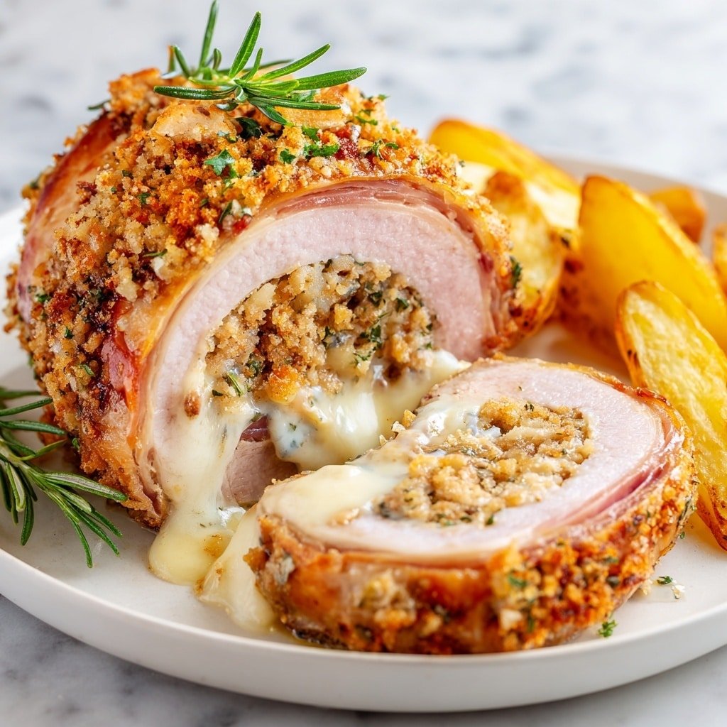 The image shows a large roll sliced to reveal four layers: a golden brown crispy outer coating, a thick layer of white cooked meat, a middle layer of finely mixed stuffing with bits of pink and green, and a soft yellow melted cheese core at the center. The roll sits on a white plate filled with creamy white sauce, scattered with yellow thin strips and tiny green herb pieces. A green herb sprig decorates the top of the roll, adding a fresh touch. The white marbled surface underneath adds a bright and clean background. Photo taken with an iphone --ar 1:1 --v 7 — Chicken Cordon Bleu Meatloaf, Chicken Cordon Bleu inspired meatloaf, easy chicken cordon bleu meatloaf recipe, savory chicken meatloaf with ham and cheese, comforting chicken meatloaf dinner