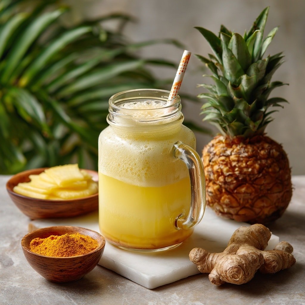 Protein Pineapple Turmeric Smoothie Recipe - Article Image 1 — Protein Pineapple Turmeric Smoothie, healthy tropical smoothie, quick nutritious smoothie, turmeric detox drink, protein booster smoothie