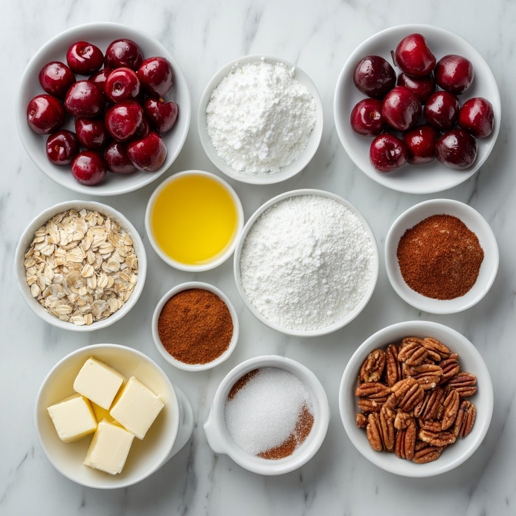 Cherry Crisp Recipe - Ingredients Image — Cherry Crisp Recipe, easy cherry crisp, baked cherry dessert, fruity dessert with oat topping, comforting cherry dessert