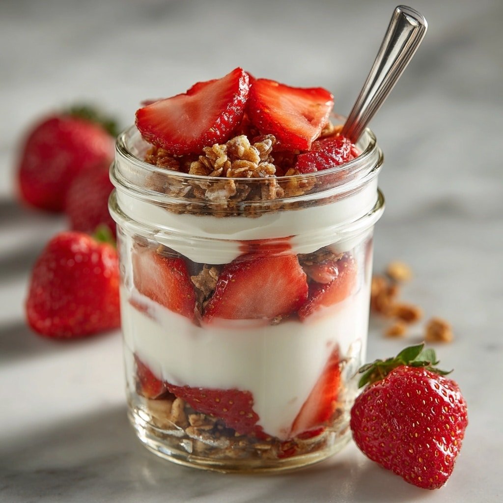 Strawberry Parfait with Yogurt and Granola Recipe - Article Image 1 — Strawberry Parfait with Yogurt and Granola, healthy strawberry parfait, easy breakfast parfait, fruit and yogurt parfait recipe, layered parfait dessert