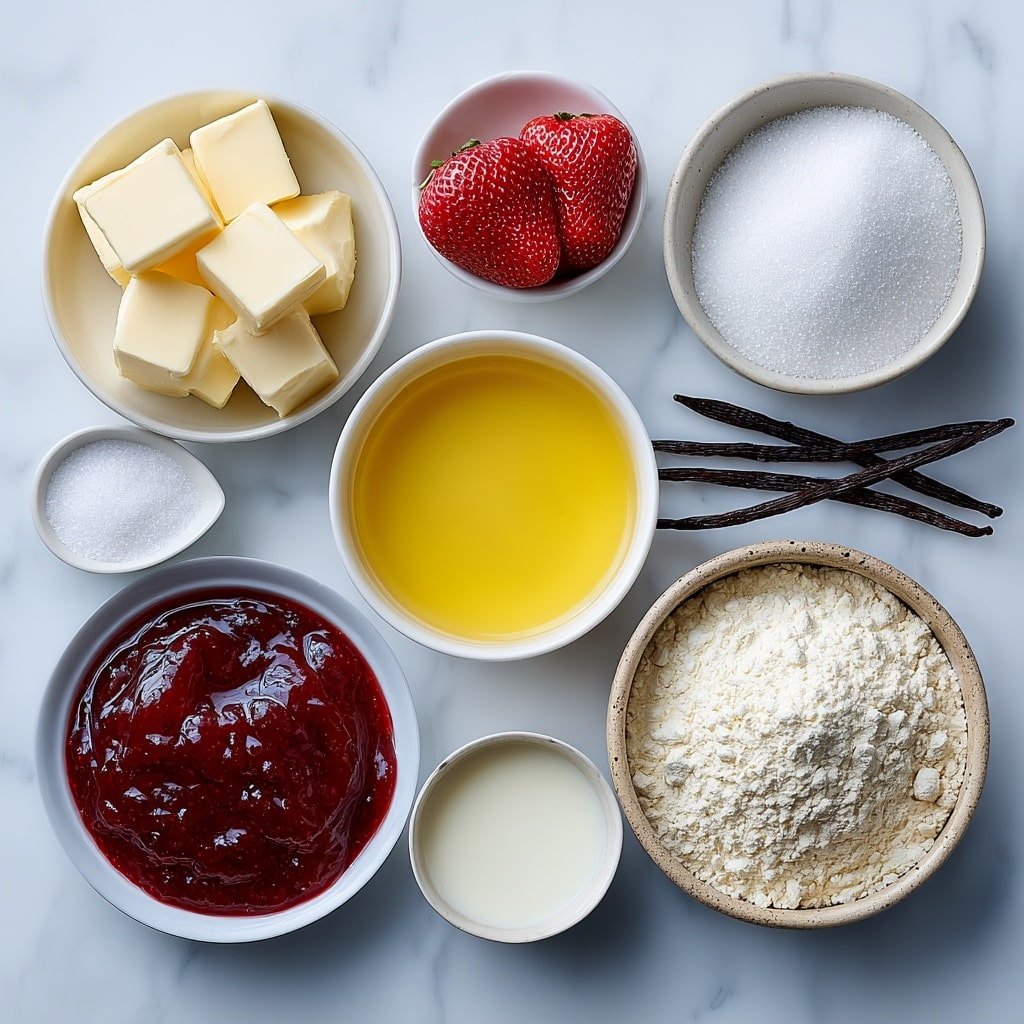 Heart-Shaped Strawberry Shortbread Cookies Recipe - Ingredients Image — Heart-Shaped Strawberry Shortbread Cookies, strawberry shortbread cookies recipe, easy Valentine treats, homemade strawberry cookies, heart-shaped cookies with jam
