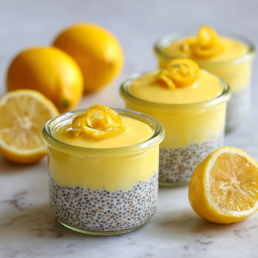 The image shows three small clear glass jars filled with a two-layer dessert placed on a white marbled surface. The bottom layer is pale yellow with many tiny dark chia seeds spread evenly throughout, creating a speckled texture. Above this is a smooth, slightly brighter yellow creamy top layer that is thick and glossy, filling the jars to the brim. Each jar is garnished with thin lemon peel curls placed on top of the creamy layer. In the background and foreground, there are whole and halved fresh lemons, blurred softly to keep the focus on the jars. Photo taken with an iphone --ar 1:1 --v 7 — Lemon Chia Seed Pudding, healthy citrus chia pudding, quick vegan breakfast, dairy-free lemon dessert, homemade chia seed pudding