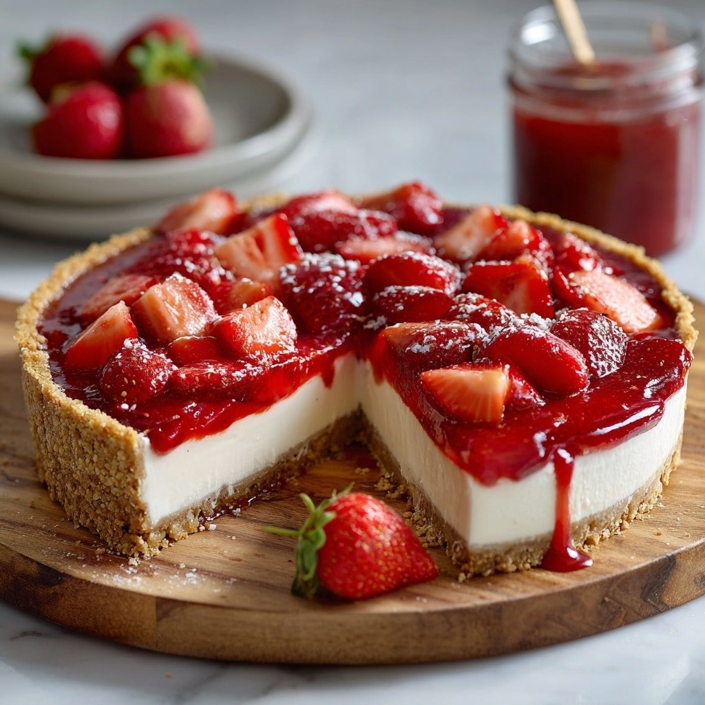 This image shows a round strawberry tart with three layers. The bottom layer is a brown crumbly crust that holds the tart together. On top of the crust is a thick layer of smooth white cream filling. The top layer is made of many shiny red strawberry slices arranged in a circle, with three whole strawberries with green leaves in the center. The strawberries have a glossy glaze, and there are small white sprinkles scattered over them. One slice is slightly pulled out from the tart, showing all the layers clearly. The tart is on a brown wooden board, with a white marbled surface in the background. photo taken with an iphone --ar 1:1 --v 7 — Strawberry Mascarpone Tart, strawberry tart with mascarpone, summer berry tart recipe, easy fruit tart dessert, homemade strawberry tart