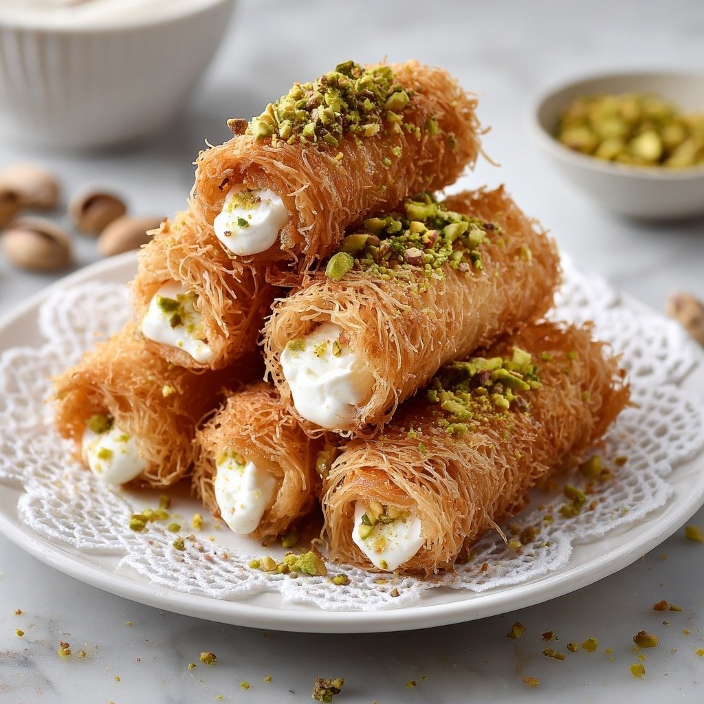 Crispy Kunafa Rolls with Pistachios Recipe - Article Image 1 — Crispy Kunafa Rolls with Pistachios, Kunafa Rolls with Pistachios, Middle Eastern Dessert Recipes, How to Make Kunafa Rolls, Pistachio-filled Kunafa