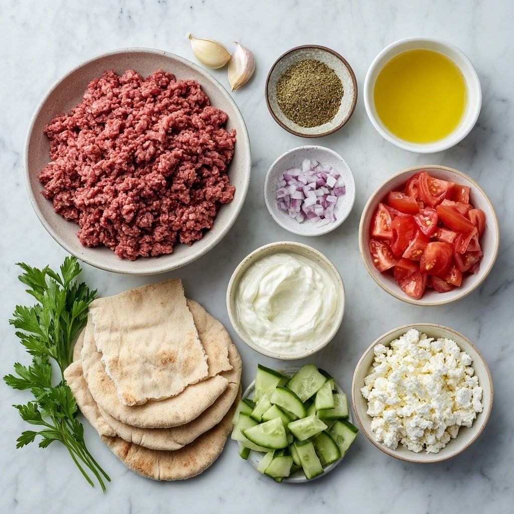 Greek Beef Wraps with Garlic Yogurt Sauce Recipe - Ingredients Image — Greek Beef Wraps with Garlic Yogurt Sauce, Greek Beef Wraps, Beef Wraps with Garlic Yogurt, Mediterranean Beef Wraps, Easy Greek Beef Dinner