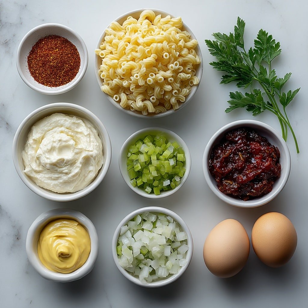 Dolly Parton’s Macaroni Salad Recipe - Ingredients Image — Dolly Parton’s Macaroni Salad, Southern macaroni salad recipe, creamy pasta salad, easy summer side dish, homemade macaroni salad