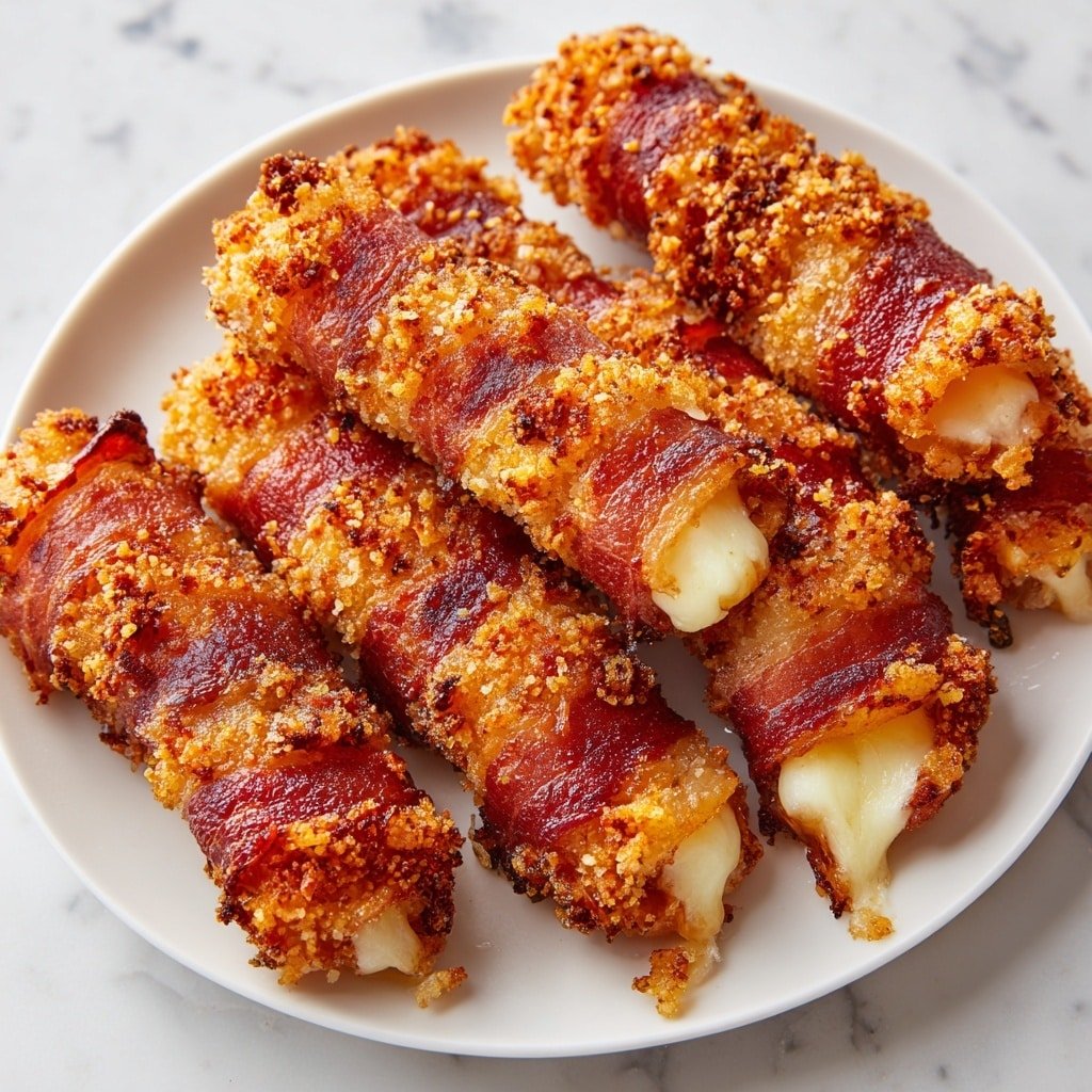 Crispy Bacon-Wrapped Mozzarella Sticks Recipe - Article Image 1 — Crispy Bacon-Wrapped Mozzarella Sticks, cheesy appetizer recipes, bacon appetizer ideas, homemade bacon-wrapped snacks, easy cheese and bacon bites