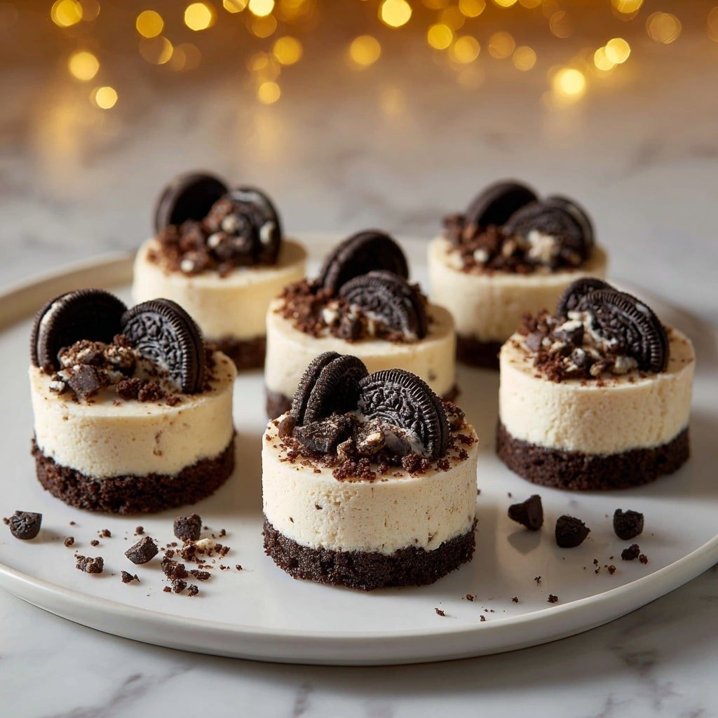 Mini Oreo Cheesecakes with Oreo Whipped Cream Recipe - Article Image 2 — Mini Oreo Cheesecakes with Oreo Whipped Cream, Oreo cheesecake bites, no-bake Oreo cheesecakes, easy Oreo dessert recipes, perfect mini cheesecake ideas