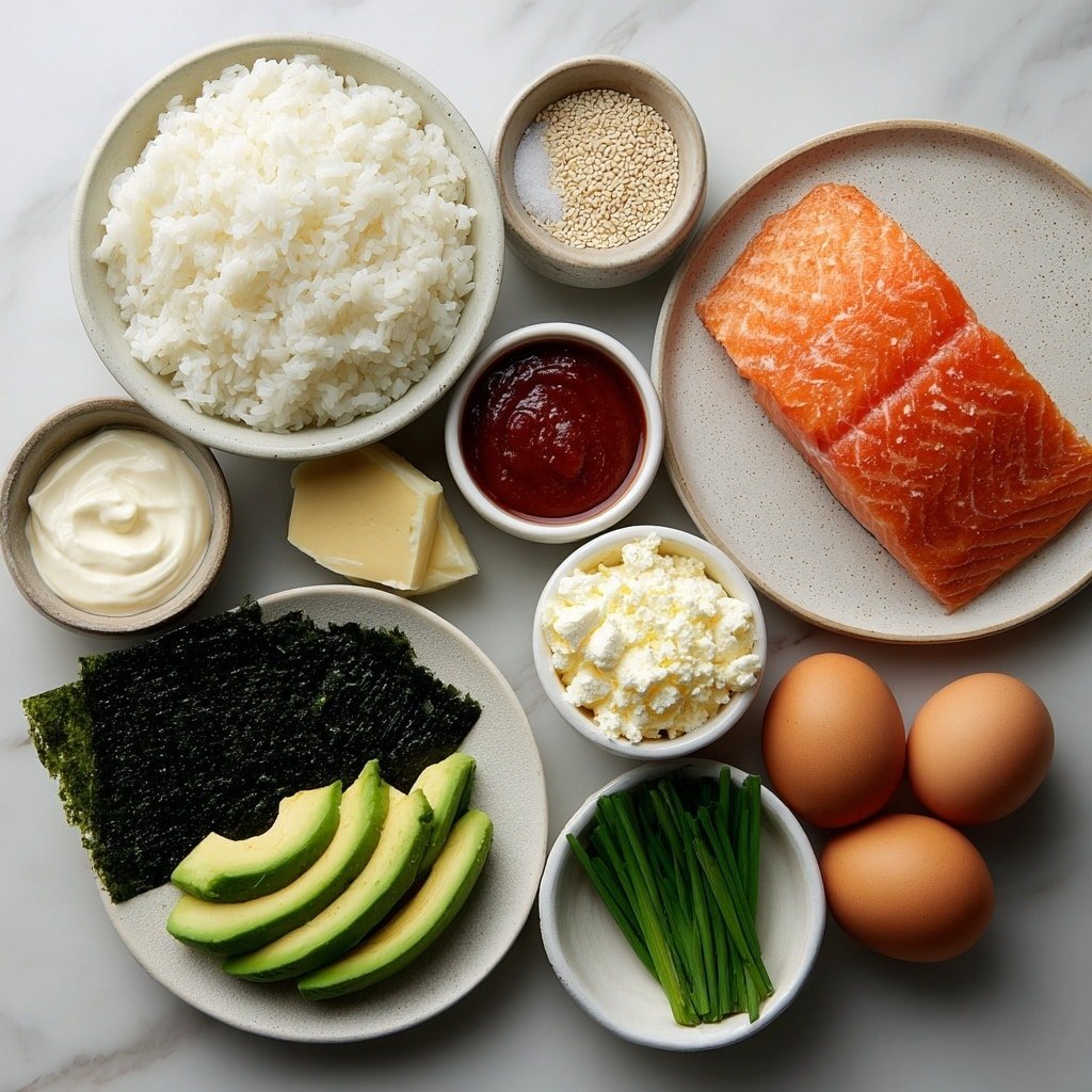 Baked Salmon Sushi Roll Recipe - Ingredients Image — Baked Salmon Sushi Roll, Baked Salmon Sushi, Salmon Sushi Bake, Easy Sushi Roll, Homemade Sushi with Salmon