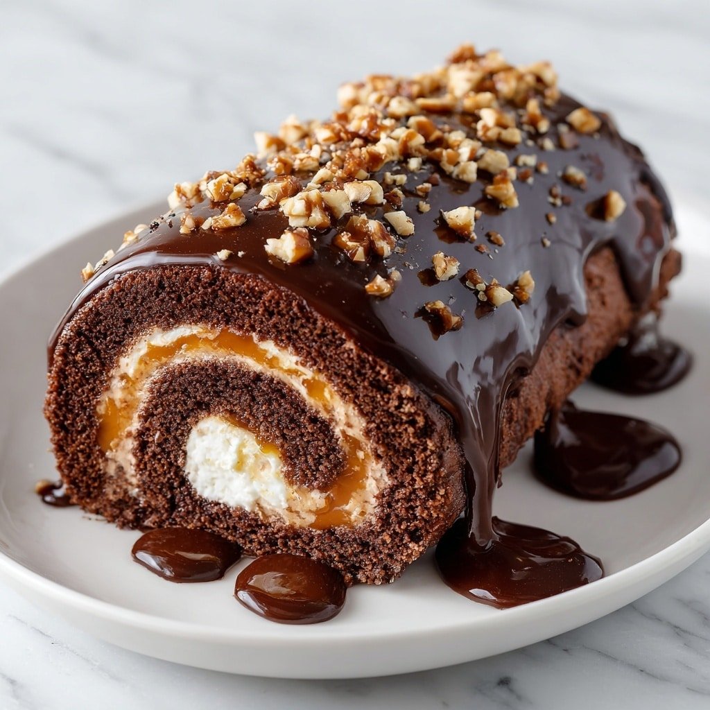 Chocolate Caramel Turtle Cake Roll Recipe - Article Image 2 — Chocolate Caramel Turtle Cake Roll, chocolate caramel cake roll, turtle cake roll recipe, caramel chocolate Swiss roll, pecan chocolate dessert