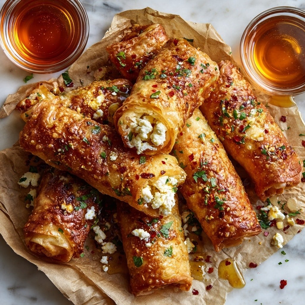 Oven-Fried Feta Rolls with Chili Honey Recipe - Article Image 1 — Oven-Fried Feta Rolls with Chili Honey, feta cheese appetizers, crispy phyllo pastry snacks, spicy honey dipping, easy feta appetizer recipe