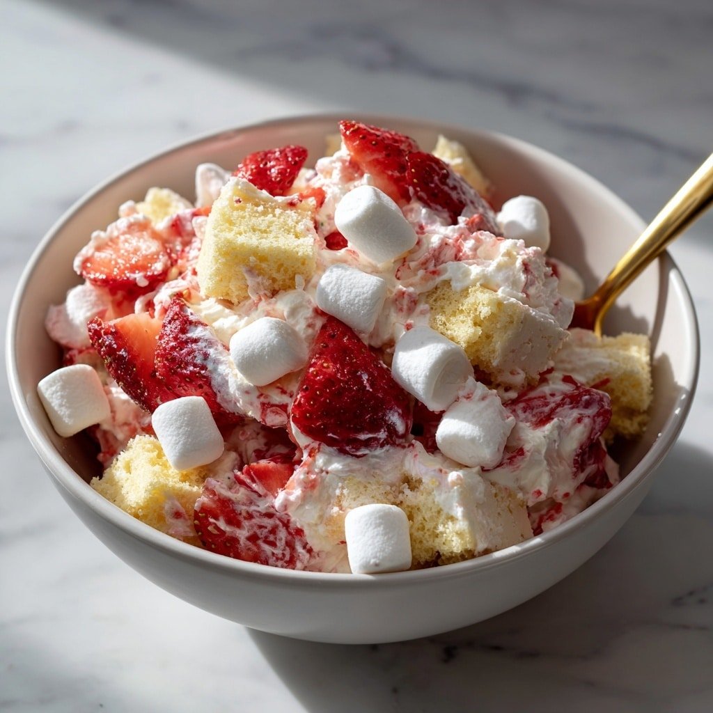 Strawberry Shortcake Fluff Salad Recipe - Article Image 2 — Strawberry Shortcake Fluff Salad, strawberry fluff salad, easy fruit salad dessert, creamy fruit salad recipe, quick strawberry dessert