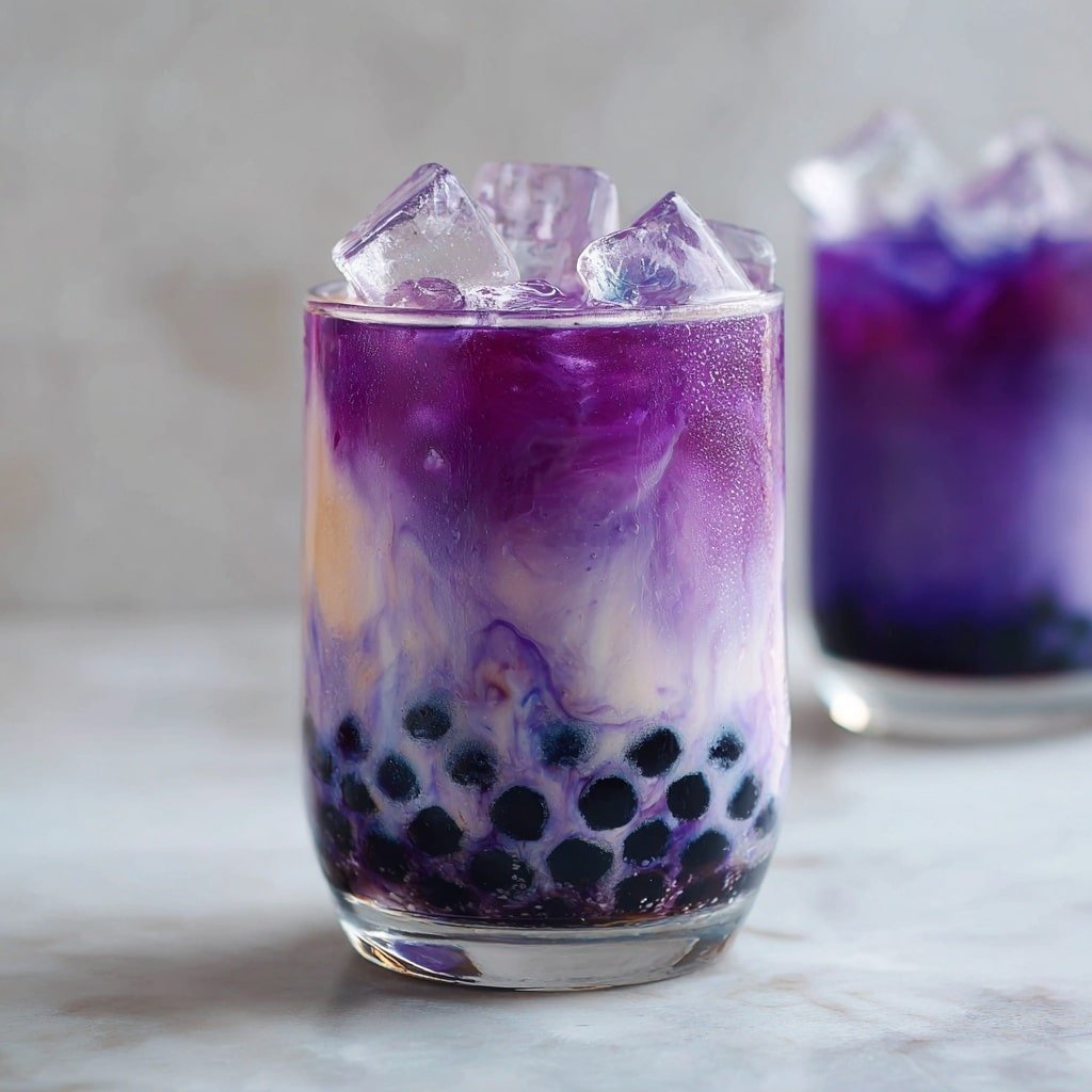 This image shows a clear glass filled with three visible layers. The bottom layer is a cluster of black tapioca pearls sitting at the base. Above that is a thick, creamy purple liquid with some lighter purple swirls blending into it. On top of the purple liquid is a layer of clear ice cubes, giving the drink a cool and refreshing look. The background and surface have a white marbled texture, and there is a second glass out of focus behind the first one. Photo taken with an iphone --ar 1:1 --v 7 — Ube Milk Tea with Tapioca Pearls, Ube Milk Tea recipe, How to make ube milk tea, Coconut ube milk tea, Tapioca pearl drinks