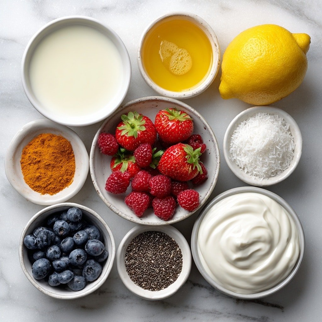 Flat lay of a small white ceramic bowl filled with creamy full-fat coconut milk, a small white bowl with freshly squeezed lemon juice, a whole fresh lemon with bright yellow skin and a few thin lemon zest curls beside it, a small white bowl of golden maple syrup, a tiny white bowl containing pure vanilla extract, a small white bowl with black chia seeds, a pinch of sea salt crystals scattered neatly, a tiny white bowl with light golden ground turmeric powder, a small white bowl of natural coconut flakes, a handful of fresh mixed berries (strawberries, blueberries, raspberries), and a dollop of smooth white coconut yogurt on a white ceramic plate, all arranged symmetrically and naturally placed on a clean white marble surface, soft natural light, photo taken with an iPhone, professional food photography style, fresh ingredients, white ceramic bowls, no bottles, no duplicates, no utensils, no packaging --ar 1:1 --v 7 --p m7354639359234015250 — Lemon Chia Seed Pudding, healthy citrus chia pudding, quick vegan breakfast, dairy-free lemon dessert, homemade chia seed pudding