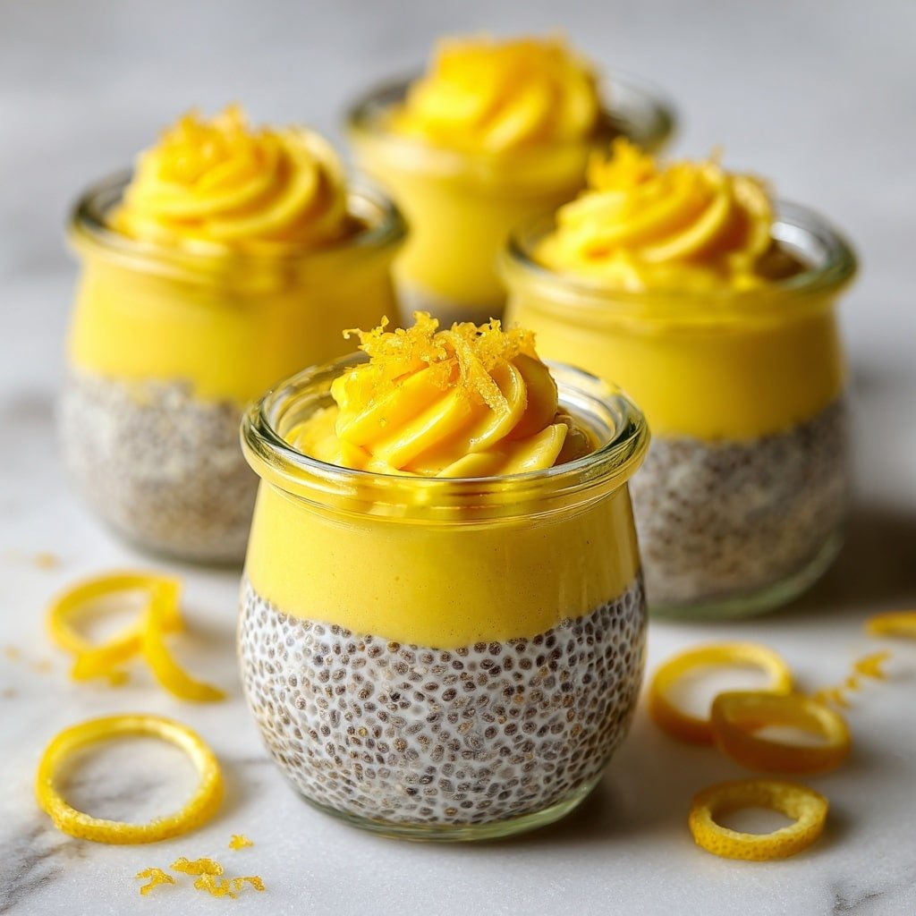 The image shows four small clear glass jars filled with two layers of dessert. The bottom layer is beige with many small black chia seeds spread evenly inside. The top layer is bright yellow and smooth, sitting thickly above the chia seed layer. Each jar is topped with a small swirl or nest of bright yellow lemon peel curls. The jars are placed on a white marbled surface with a few lemon peel curls scattered around. The focus is on the front jar with the others softly blurred in the background. photo taken with an iphone --ar 1:1 --v 7 — Lemon Chia Seed Pudding, healthy citrus chia pudding, quick vegan breakfast, dairy-free lemon dessert, homemade chia seed pudding