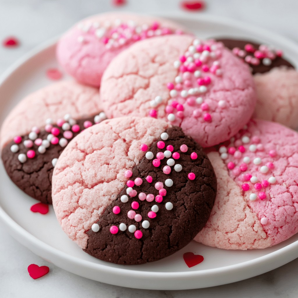 A close-up image of several round pink cookies with a cracked soft texture on a white plate, each cookie coated halfway at the top with dark chocolate that has fine chocolate drizzles across it, decorated with small round and heart-shaped sprinkles in red, pink, and white colors spread evenly over the chocolate area, all sitting on a white marbled surface. photo taken with an iphone --ar 1:1 --v 7 — Chocolate Covered Strawberry Cookies, strawberry chocolate cookie, easy strawberry cookies, chocolate coated strawberry treats, fruit-filled chocolate cookies