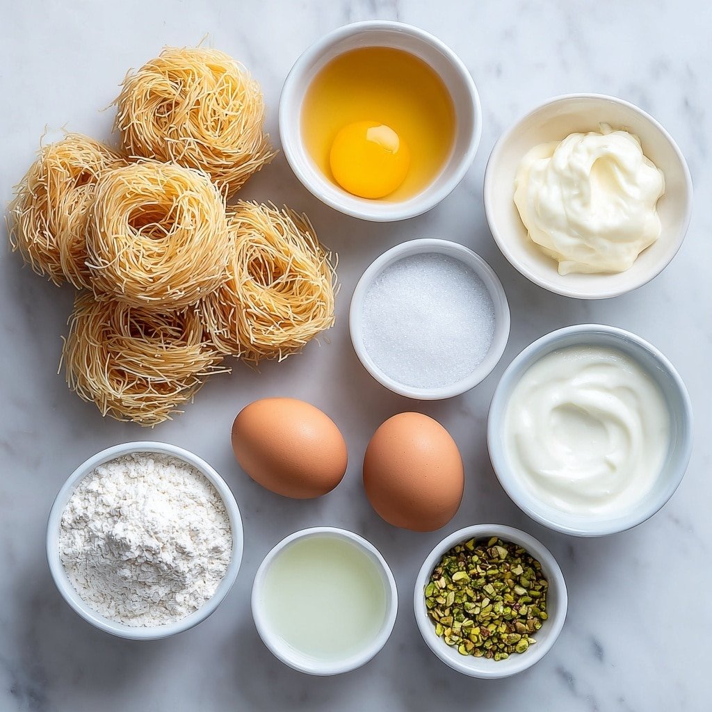 Crispy Kunafa Rolls with Pistachios Recipe - Ingredients Image — Crispy Kunafa Rolls with Pistachios, Kunafa Rolls with Pistachios, Middle Eastern Dessert Recipes, How to Make Kunafa Rolls, Pistachio-filled Kunafa