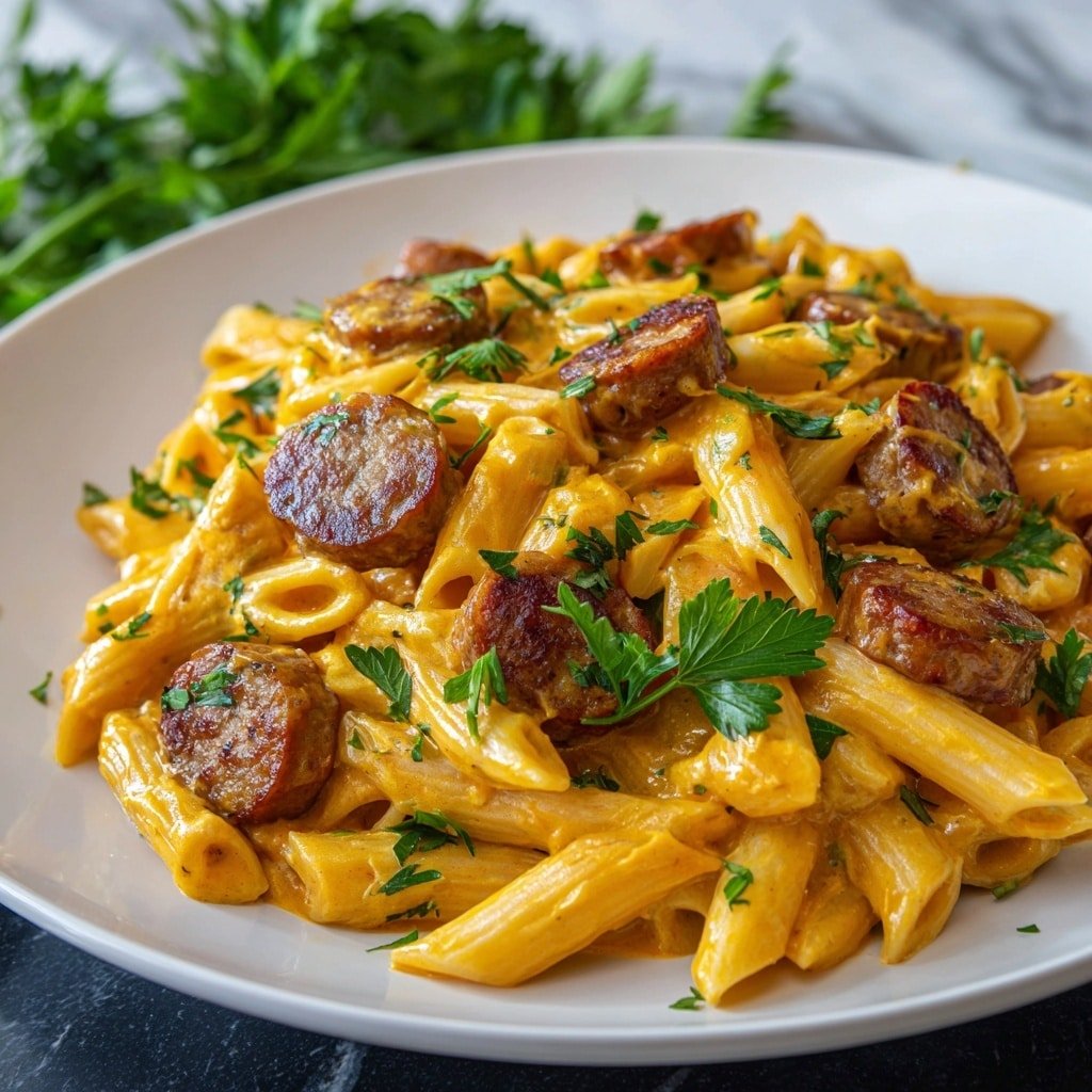 Creamy Cajun Sausage Pasta Recipe - Article Image 1 — Creamy Cajun Sausage Pasta, Cajun sausage pasta recipe, spicy sausage pasta, easy Cajun pasta dish, quick weeknight pasta