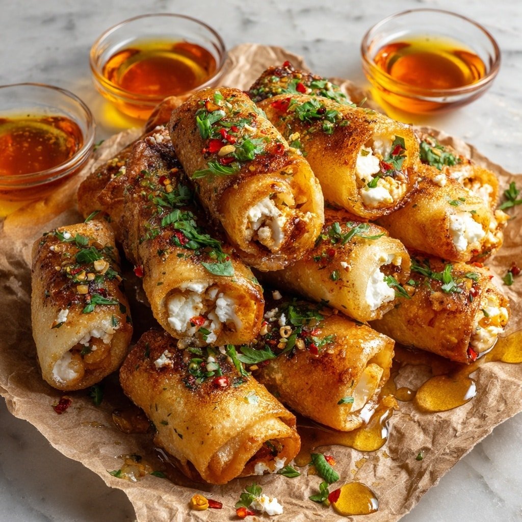 Oven-Fried Feta Rolls with Chili Honey Recipe - Article Image 2 — Oven-Fried Feta Rolls with Chili Honey, feta cheese appetizers, crispy phyllo pastry snacks, spicy honey dipping, easy feta appetizer recipe