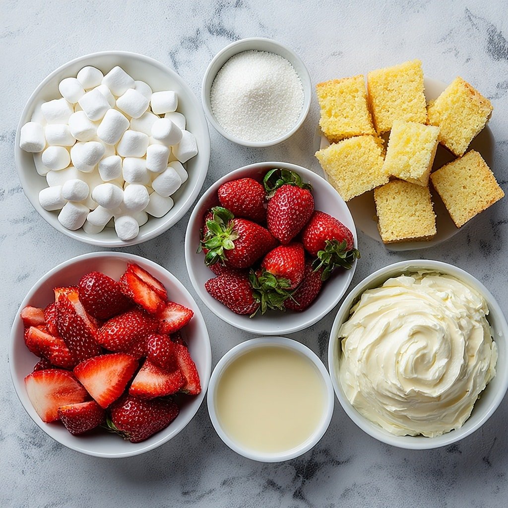 Strawberry Shortcake Fluff Salad Recipe - Ingredients Image — Strawberry Shortcake Fluff Salad, strawberry fluff salad, easy fruit salad dessert, creamy fruit salad recipe, quick strawberry dessert