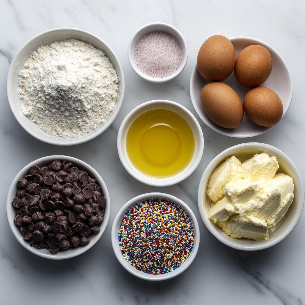 Flat lay of a small mound of pink strawberry-flavored cake mix powder, a small white ceramic bowl filled with golden vegetable oil, a small white ceramic bowl with clear vanilla extract, two large whole brown eggs with clean shells, a small white ceramic bowl piled with glossy dark chocolate chips, and a small white ceramic bowl holding colorful round sprinkles, all arranged symmetrically placed on a clean white marble surface, soft natural light, photo taken with an iPhone, professional food photography style, fresh ingredients, white ceramic bowls, no bottles, no duplicates, no utensils, no packaging --ar 1:1 --v 7 --p m7354639359234015250 — Chocolate Covered Strawberry Cookies, strawberry chocolate cookie, easy strawberry cookies, chocolate coated strawberry treats, fruit-filled chocolate cookies