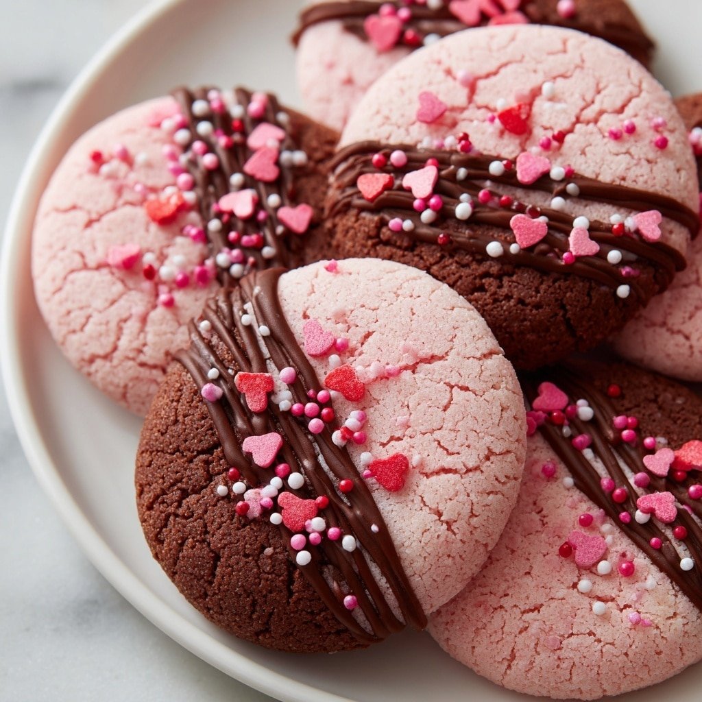 A round soft cookie with two layers, the bottom layer is light beige with a crumbly texture, and the top layer is light pink with a slightly cracked surface. Half of the cookie is dipped in smooth dark chocolate with fine lines of chocolate drizzle on top. Small heart-shaped sprinkles in pink, red, and white colors are scattered on the pink part of the cookie and on the chocolate. The cookie sits on a white marbled surface with more heart-shaped sprinkles around it. Photo taken with an iphone --ar 1:1 --v 7 — Chocolate Covered Strawberry Cookies, strawberry chocolate cookie, easy strawberry cookies, chocolate coated strawberry treats, fruit-filled chocolate cookies