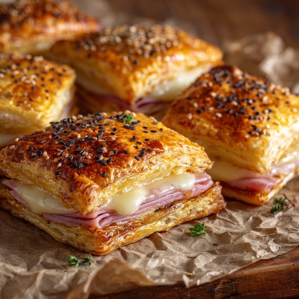 Ham and Cheese Puff Pastry Bites Recipe - Article Image 2 — Ham and Cheese Puff Pastry Bites, savory puff pastry appetizers, easy party appetizers with ham and cheese, flaky pastry snacks, quick ham cheese bites