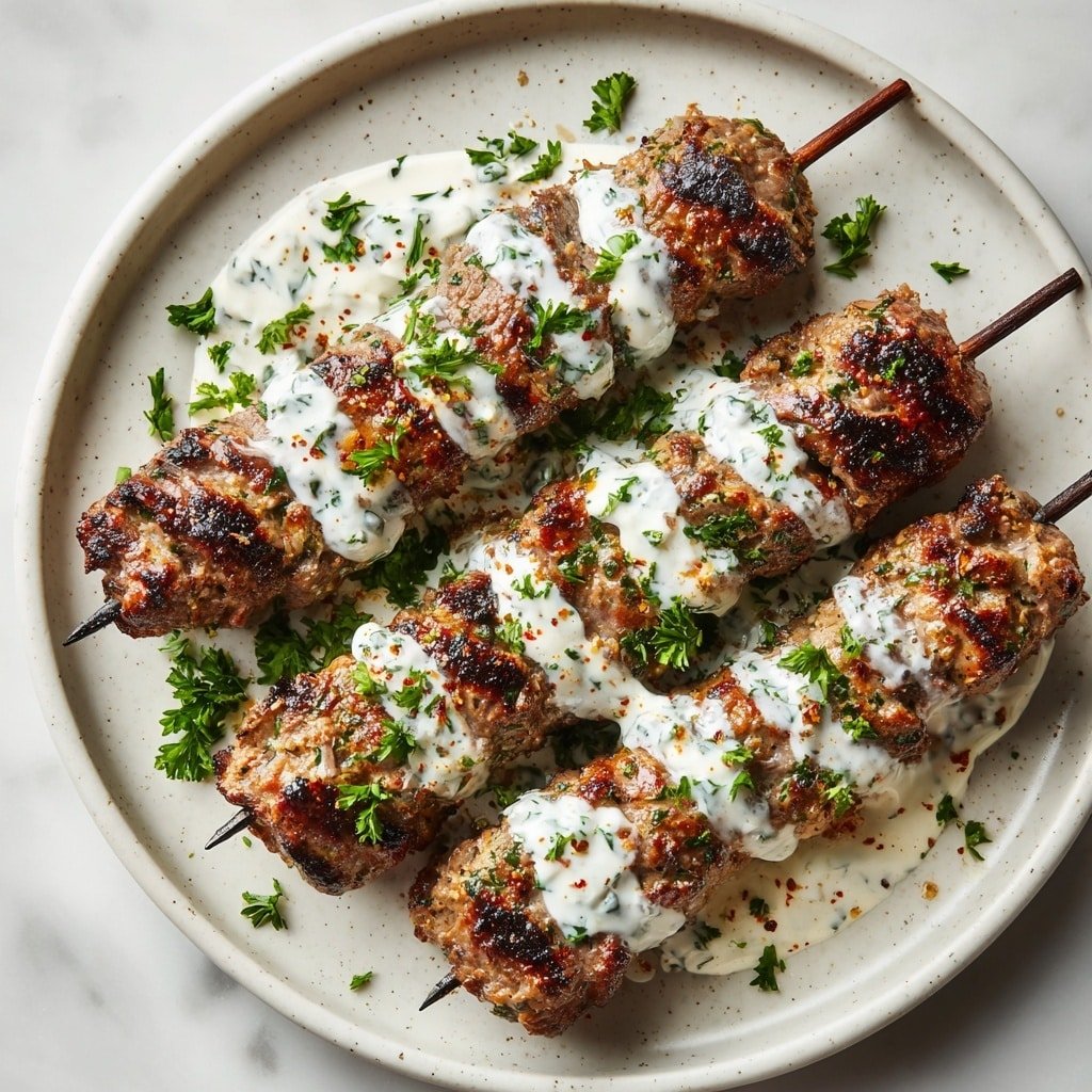 Grilled Chicken Kofta with Garlic Yogurt Sauce Recipe - Article Image 1 — Grilled Chicken Kofta with Garlic Yogurt Sauce, spicy chicken kofta, grilled meat skewers, Mediterranean chicken recipes, easy kofta dinner