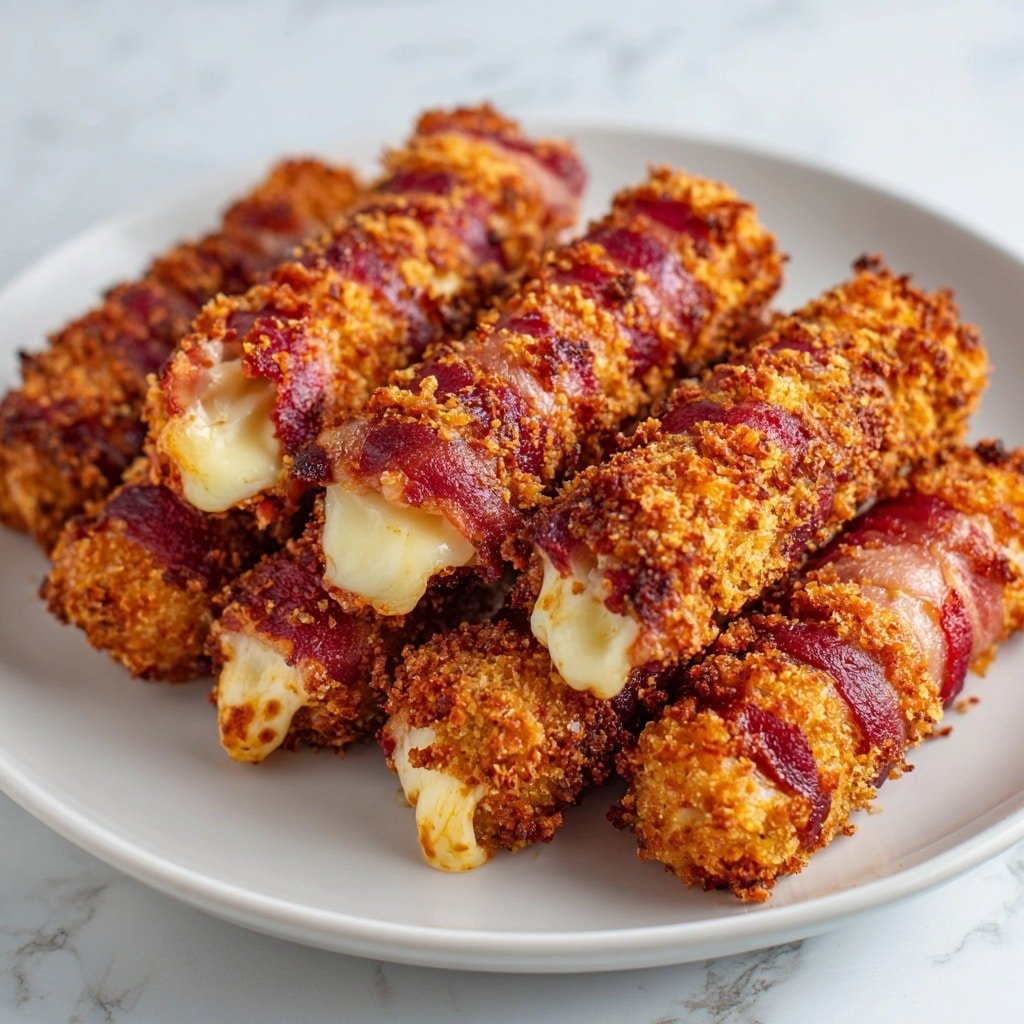 Crispy Bacon-Wrapped Mozzarella Sticks Recipe - Article Image 2 — Crispy Bacon-Wrapped Mozzarella Sticks, cheesy appetizer recipes, bacon appetizer ideas, homemade bacon-wrapped snacks, easy cheese and bacon bites