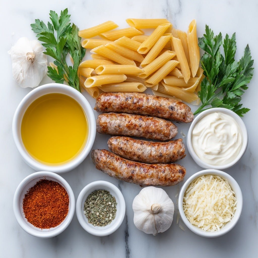 Creamy Cajun Sausage Pasta Recipe - Ingredients Image — Creamy Cajun Sausage Pasta, Cajun sausage pasta recipe, spicy sausage pasta, easy Cajun pasta dish, quick weeknight pasta