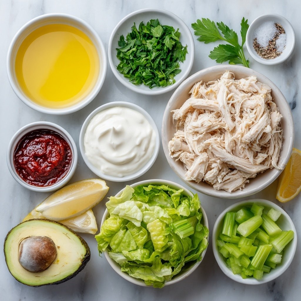 Creamy Avocado Chicken Salad Recipe - Ingredients Image — Creamy Avocado Chicken Salad, avocados chicken salad, healthy chicken salad recipes, easy chicken salad ideas, savory avocado chicken dish