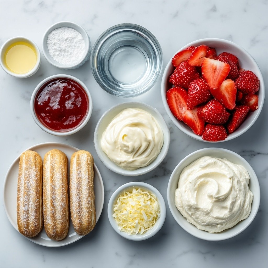 Strawberry Tiramisu Recipe - Ingredients Image — Strawberry Tiramisu, Strawberry Tiramisu dessert, no-bake strawberry dessert, easy strawberry tiramisu, creamy strawberry layered dessert